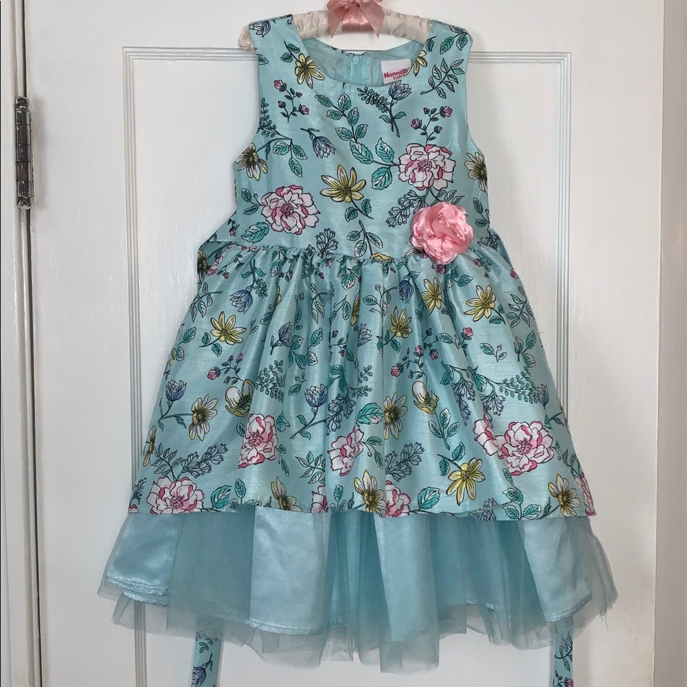 Nannette Blue Floral Dress 6 Girls Tulle Bottom EUC